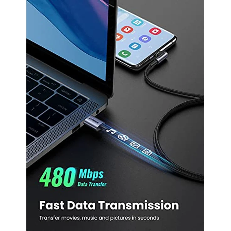 Ugreen USB-A auf USB-C Winkelkabel, 3m Länge, 3A Unterstützung, grau, Nylon geflochten – Bild 4