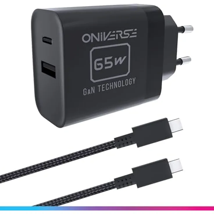 Oniverse 65W USB-C Charger, kompakter Schnellladeadapter mit USB-A und USB-C, 1,5 m Kabel, Schwarz