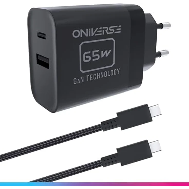 Oniverse 65W USB-C Charger, kompakter Schnellladeadapter mit USB-A und USB-C, 1,5 m Kabel, Schwarz – Bild 1