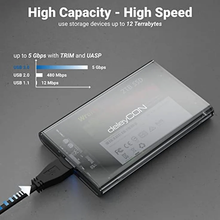 deleyCON SSD Festplattengehäuse USB 3.1 Gen. 1 für 2,5“ Zoll SATA 3 SSD / HDD, UASP, Transparent-Grau – Bild 2