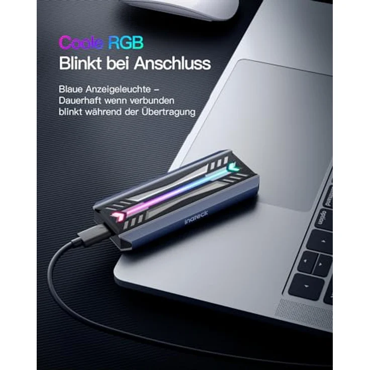 Inateck RGB M.2 NVMe SATA SSD Gehäuse 10 Gbps, USB 3.2 Gen 2 Gehäuse unterstützt UASP Trim für NVME/SATA SSDs 2230/2242/2260/2280(M Key/B+M Key), werkzeuglose Installation (bis zu 4TB), FE2024, Intelligente RGB-Übertragungsanzeige, Aluminiumlegierung (schwarz) – Bild 4