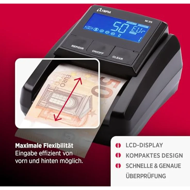 Olympia NC 375 Geldprüfgerät, Geldscheinprüfer mit IR, MG, UV Sensoren, Geldzähler für Euro, Dollar, Pfund, hohe Prüfgeschwindigkeit, kompaktes Design mit LCD Display – Bild 3