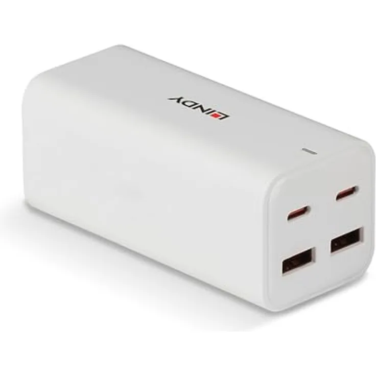 LINDY 73441 100W GAN Ladegerät mit 4 Ports USB Typ A und C, kompaktes Design, integrierte Sicherheitsfunktionen
