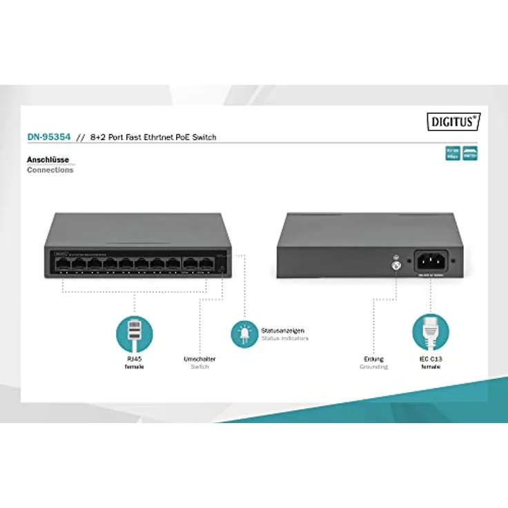 DIGITUS 10 Port Fast Ethernet PoE Switch - Unmanaged - 8 RJ45 PoE Ports + 2 RJ45 Ports - 60W PoE-Budget - CCTV-Modus - 10/100 Mbps - schwarz – Bild 2