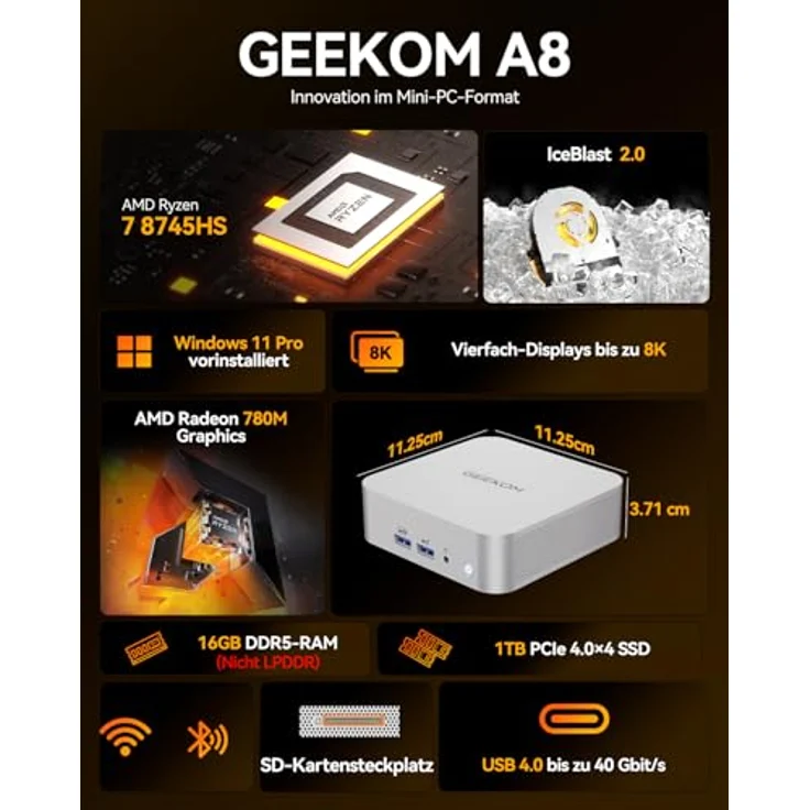 GEEKOM A8 Mini-PC mit AMD Ryzen 7 8745HS, 16GB DDR5, 1TB SSD, vorinstalliertem Windows 11 Pro, AMD Radeon 780M, 6x USB, 8K, für Homeoffice – Bild 3