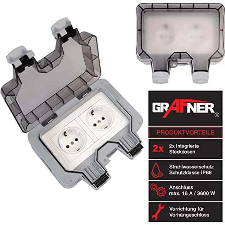 Grafner Gartensteckdose IP44 Wetterfest Außensteckdose mit Sicherheitsverschlüssen, 1-Stück, Wasserdicht, Feuchtraum geeignet – Bild 2