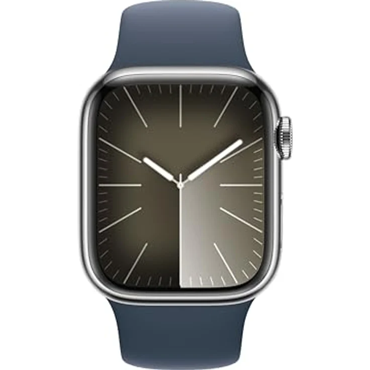 Apple Watch Series 9 GPS + Cellular, 41 mm Edelstahlgehäuse Silber, Sportarmband Sturmblau – M/L – Bild 2