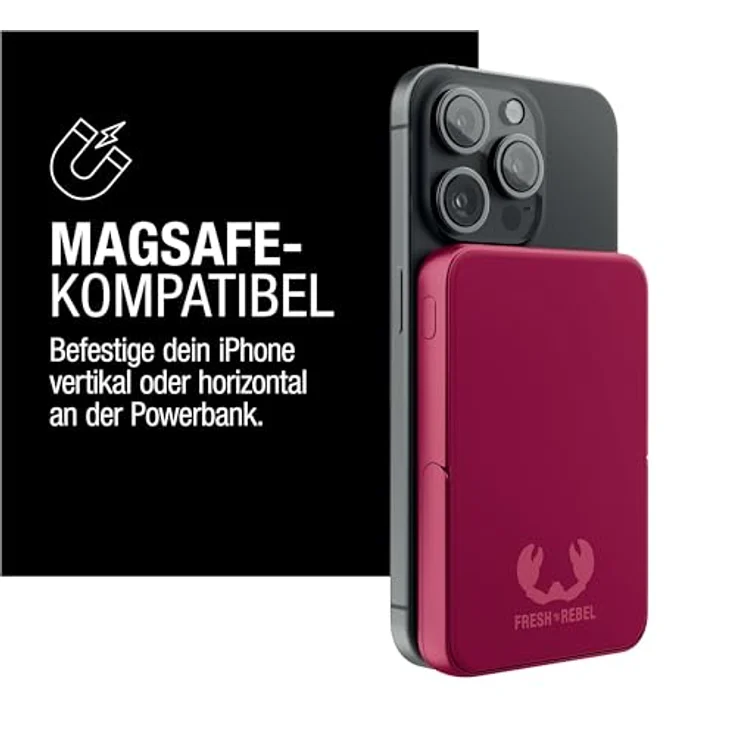 Fresh 'n Rebel Wireless Magnetic Powerbank 5000mAh, MagSafe-kompatibel, PD 20W Schnellladung, USB-C Port (in/Out), tragbar mit Ständer (Berry Red) – Bild 2