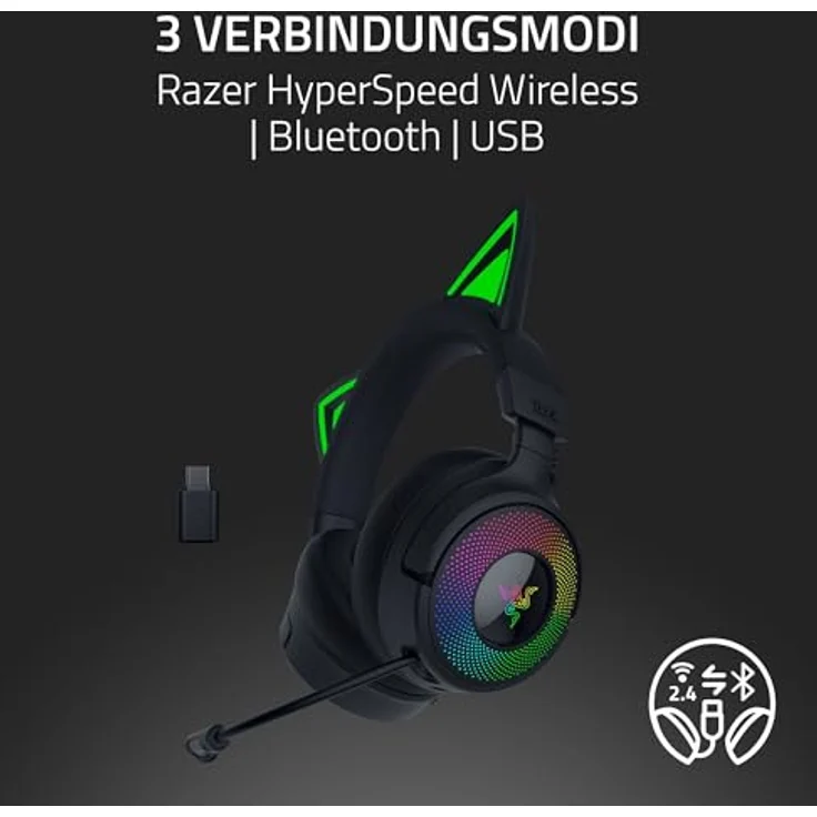 Razer Kraken Kitty V3 Pro, Kabelloses RGB-Gaming-Headset mit reaktiven Katzenohren, Triforce 40mm Treiber, THX Spatial Audio, Hyperspeed Wireless & Bluetooth, Schwarz – Bild 3