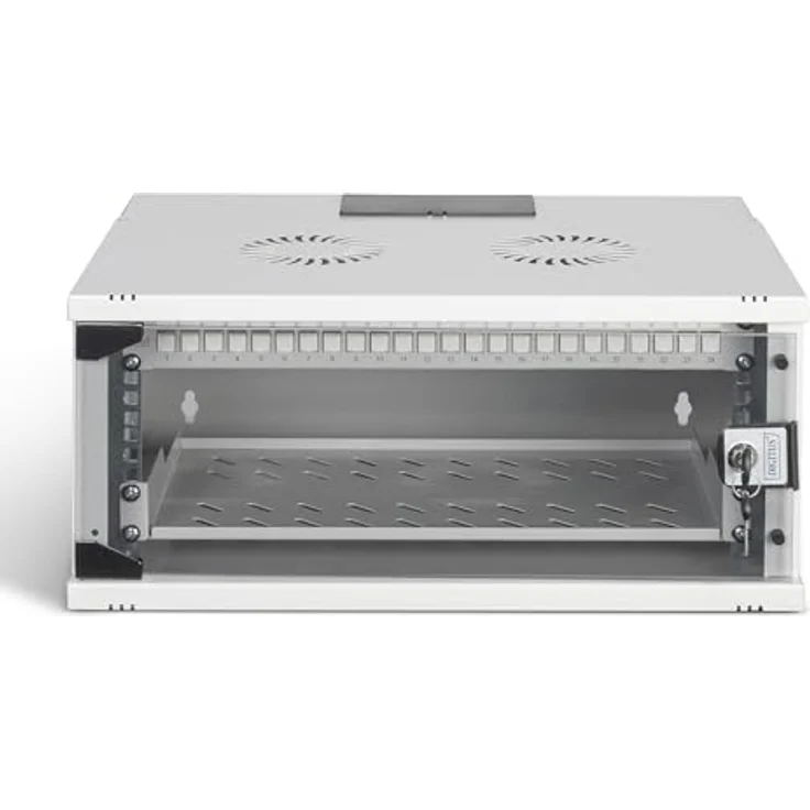 DIGITUS 19 Zoll Netzwerk-Set, 4HE unmontierter Netzwerkschrank mit 1HE Fachboden, 24-Port Patch Panel, 24 CAT 6A Keystone Module und 30 Patchkabel, Grau – Bild 2
