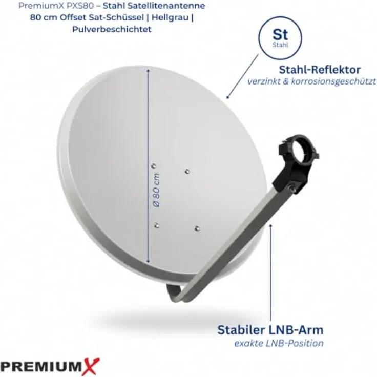 Premium X PXS80 Satellitenschüssel, 80cm Stahl hellgrau, Offset Antenne für digitalen Sat-Empfang, inkl. LNB Tragarm und Masthalterung – Bild 2