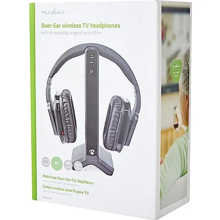 NEDIS Wireless-TV-Kopfhörer | RF | Über Ohr | max. Batteriespielzeit: 8 hrs | 25 m | Digital Audio | Ladestation | Schwarz