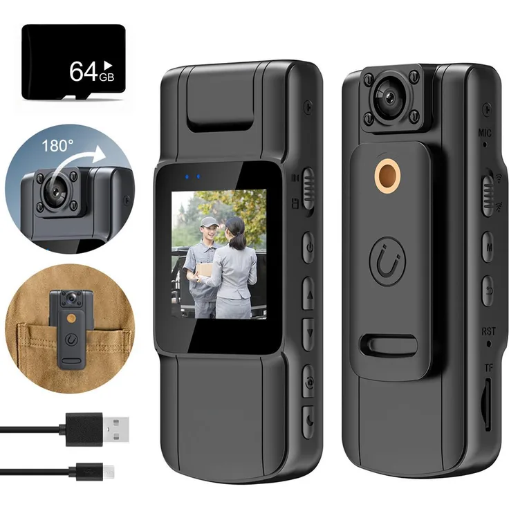 Dopwii Bodycam 1080P Full HD, Mini Tragbare Aktionkamera mit 360° Drehbarer Linse, Bewegungserkennung und 64 GB Speicherkarte
