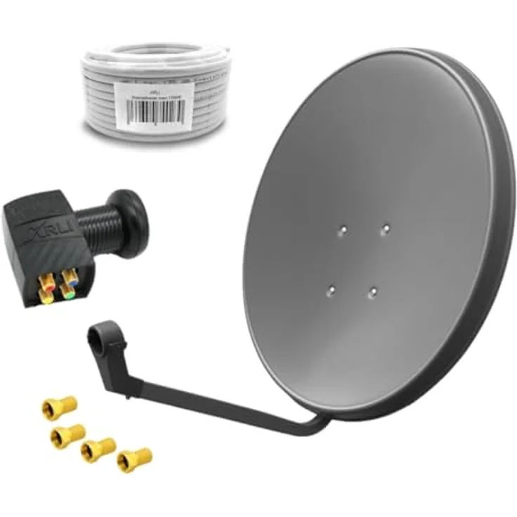 ARLI 60 cm HD Sat-Anlage Quad LNB, 50 m Koaxialkabel 135 dB, 4 F-Stecker, Antenne Grau, für 4 Teilnehmer, UHD 4K – Bild 1