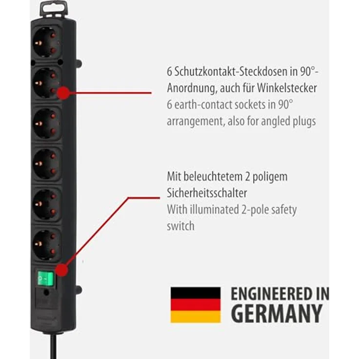 Brennenstuhl Comfort-Line Plus, Steckdosenleiste 6-fach (mit Flachstecker, Schalter, 2m Kabel und extra breite Abstände der Steckdosen) schwarz – Bild 2