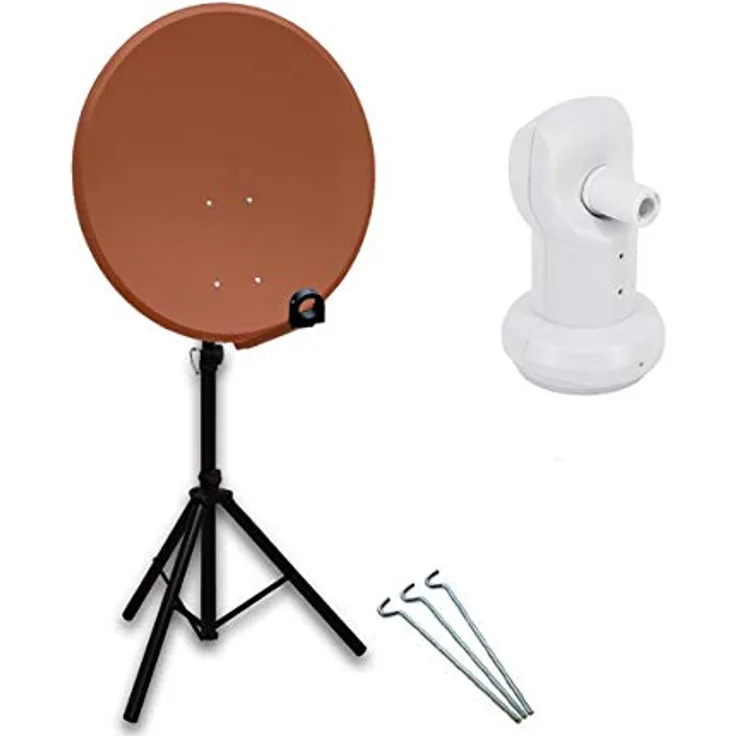 PremiumX Camping Satelliten-Komplettanlage 80cm, Aluminium-Ziegelrot, SAT Single LNB, Dreibein-Stativ mit 3 Heringen, digital HD UltraHD 4K tauglich