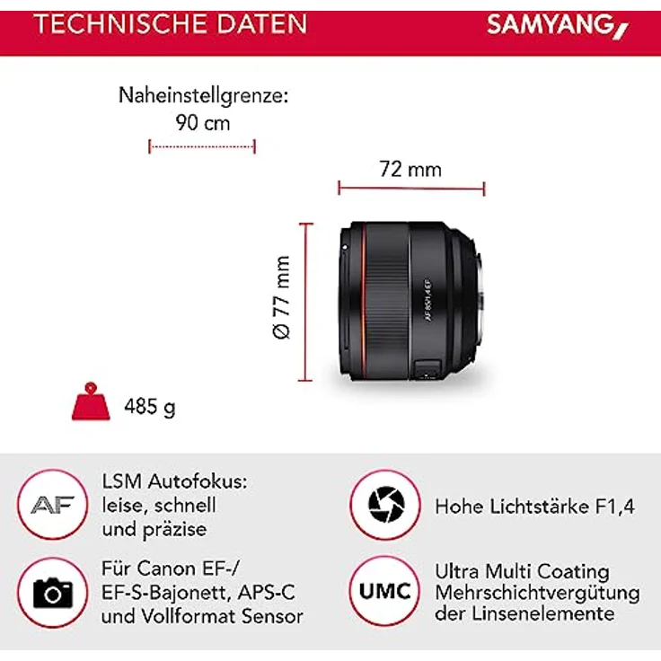 Samyang AF 85mm F1.4 EF - 85mm Festbrennweite Autofokus Vollformat Objektiv für Canon Spiegelreflex DSLR Vollformat und APS-C Kameras mit Canon EF Mount, 77mm Filtergewinde – Bild 3