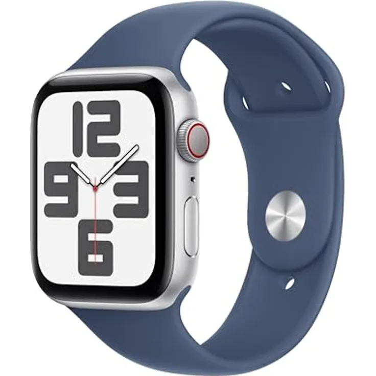 Apple Watch SE (2. Generation) GPS + Cellular 44 mm Smartwatch mit Aluminiumgehäuse in Silber und Sportarmband in Denim (M/L) - Fitness und Schlaftracker, Unfallerkennung, Herzfrequenzmesser