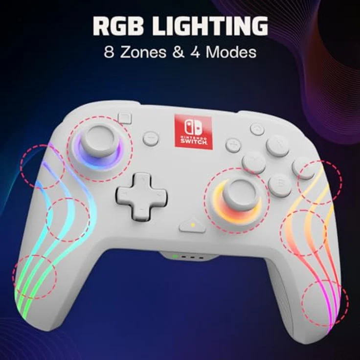 PDP Afterglow Wave White Wireless Switch Controller, RGB LED, bis zu 20 Stunden Akkulaufzeit, programmierbare Tasten, offiziell lizenziert für Nintendo Switch, Farbe: Weiß – Bild 2