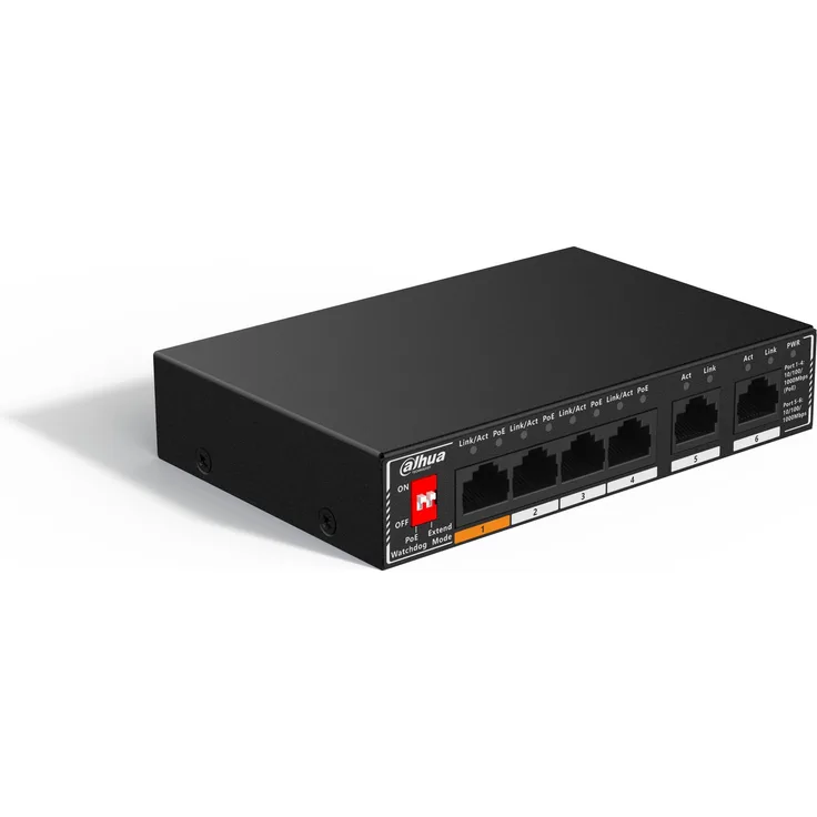 Dahua DH-SG1006P, 6-Port Unmanaged Desktop Gigabit Switch mit 4-Port PoE und PoE-Watchdog, Schwarz