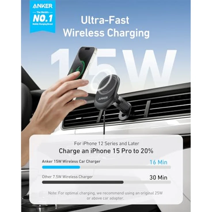 Anker MagGo 15W MagSafe Autohalterung, Kabelloses Auto Ladegerät für iPhone 15/14 Serie, 360° verstellbar, Starke Magnete – Bild 3