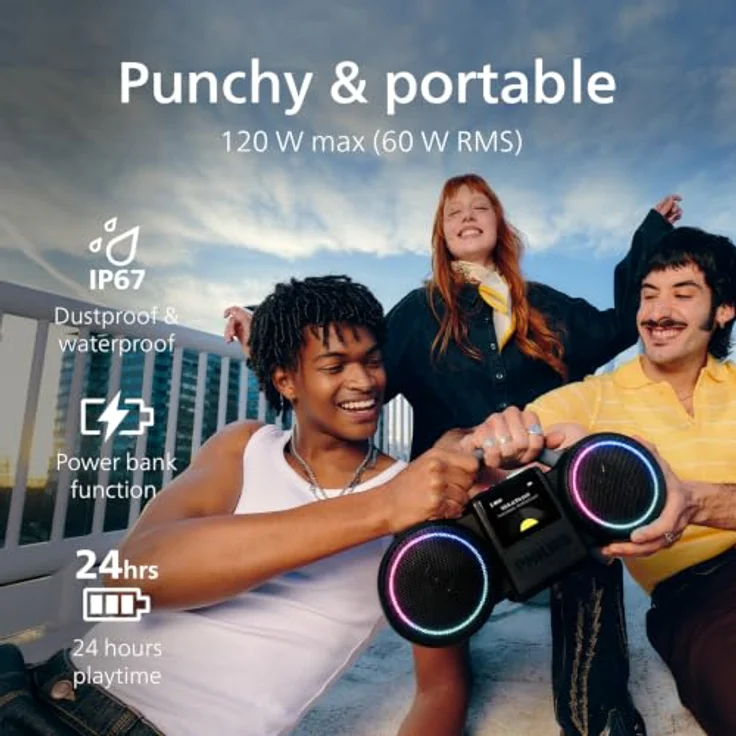 Philips TAMS60 - The Roller Boombox - Bluetooth-Lautsprecher mit 120 W, IP67 Wasserfest, 24 Stunden Akku, Schwarz – Bild 4