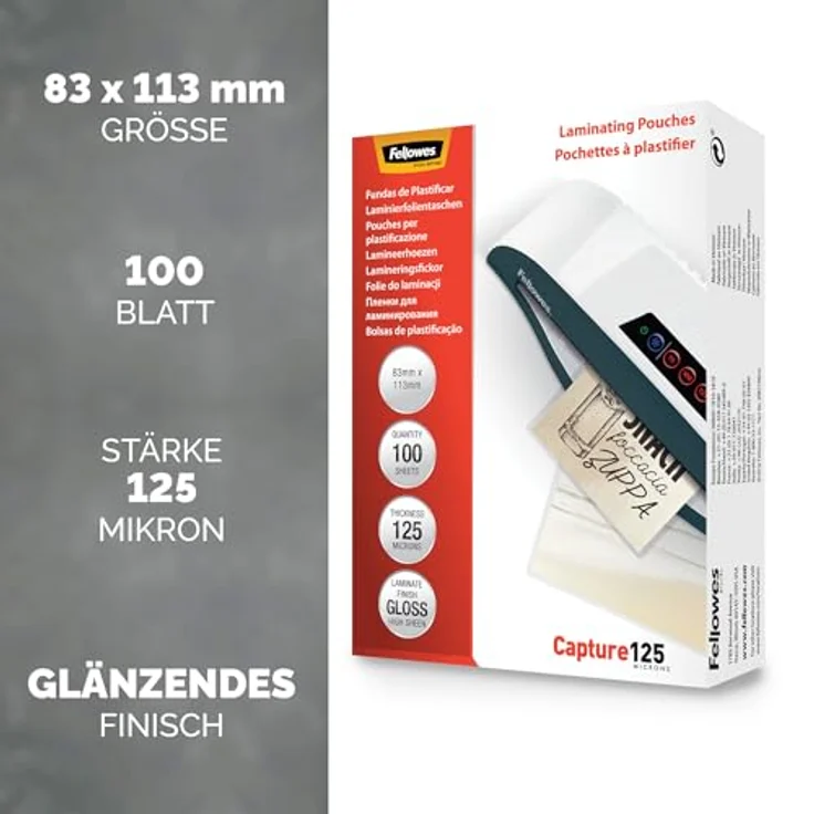 Fellowes Capture125 Laminierfolien glänzend für Kleinformat, 125 micron, 100 St., exzellente Farbwiedergabe, abgerundete Ecken – Bild 2