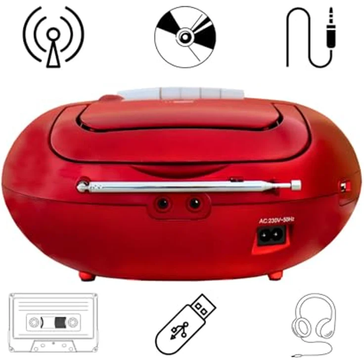 Soundmaster SCD7800 tragbares Digitalradio CD-Player Kassettenspieler Hörbuchfunktion DAB+ UKW-Radio USB-Anschluss Kopfhöreranschluss, rot – Bild 2