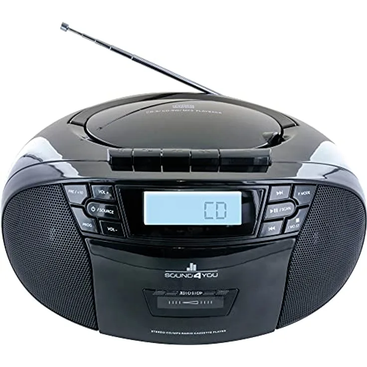 SCHWAIGER 658026 CD-Player mit Kassette und Radio MP3 USB Anschluss FM Radio AUX Kopfhörer Boombox Netz- und Batteriebetrieb Display tragbar schwarz