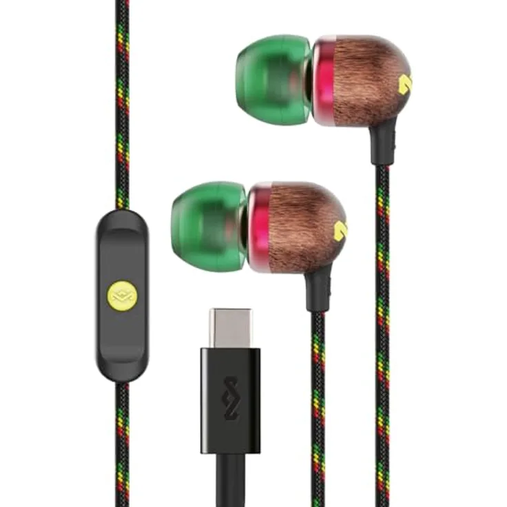 Marley House of Smile Jamaica, kabelgebundene USB-C In-Ear-Kopfhörer mit 9,2-mm-Treibern, verwicklungsfrei, integriertes Mikrofon, Rasta-Design, nachhaltig gefertigt
