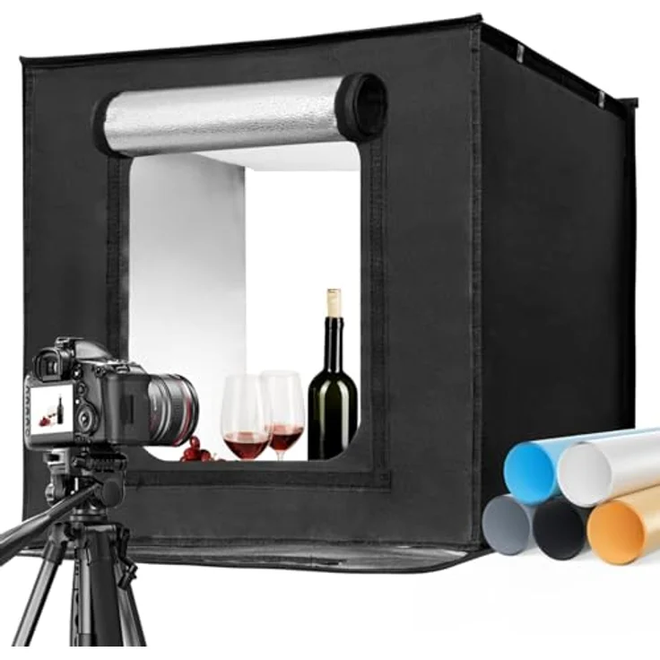 EMART Fotobox 60x60cm, Dimmbare Fotostudio Set mit 5 Hintergründen in Schwarz, Weiß, Gelb, Blau und Grau, 3 Lichtfarben für Produktfotografie – Bild 1