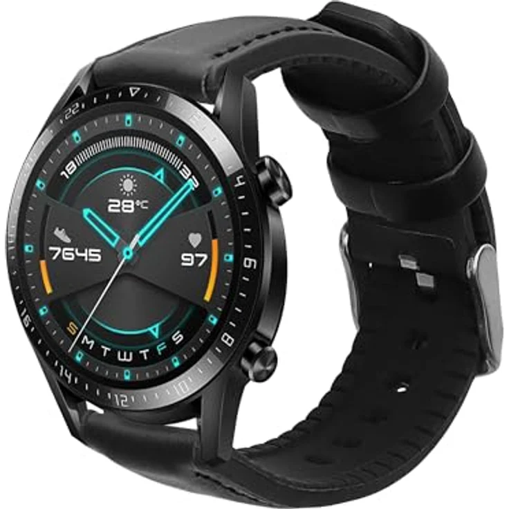 kwmobile Leder Uhrenarmband für Huawei Watch GT / GT2 / GT3 (46mm), Ersatzarmband mit Uhrenverschluss, flexiblem Silikon Kern und edlem Echtleder, Schwarz – Bild 1