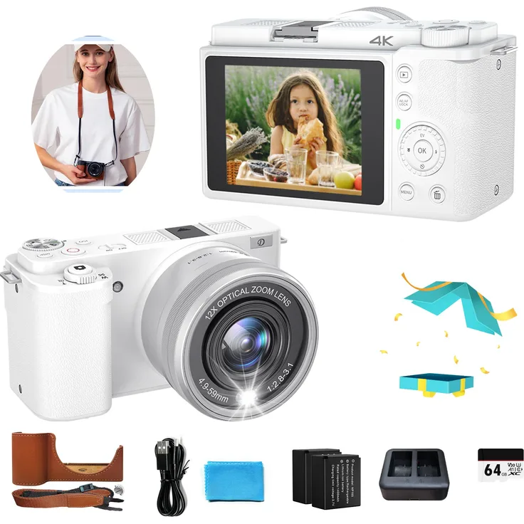 OKA 64MP Digitalkamera für Einsteiger mit 4K Video, 12X optischem Zoom, 2 Akkus & Lederhülle, ideal für Reisen und Vlogs