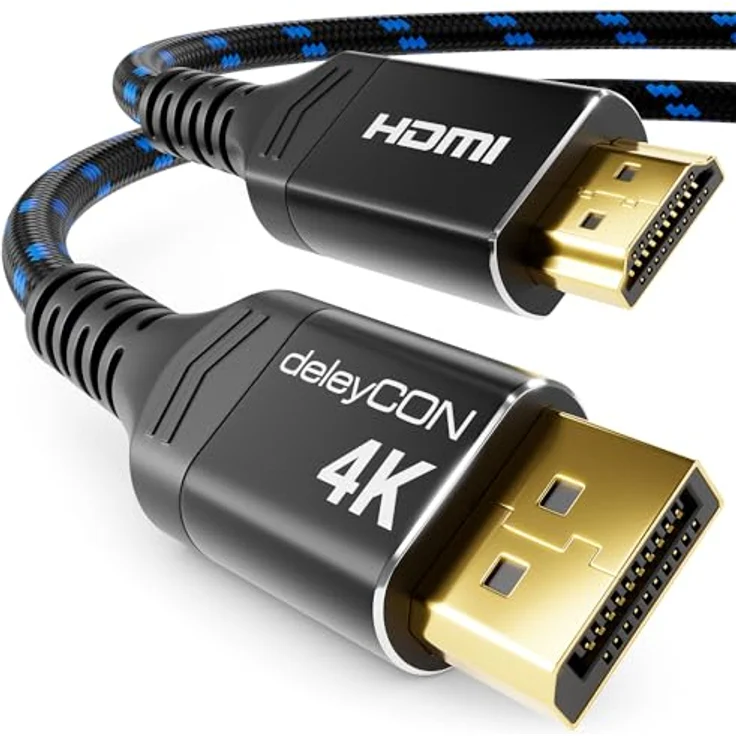 deleyCON 2m 4K DisplayPort auf HDMI Kabel, Aluminium-Stecker, Nylonkabel, 1080P@60Hz / 4K@30Hz, für Computer, PC und Beamer – Bild 1