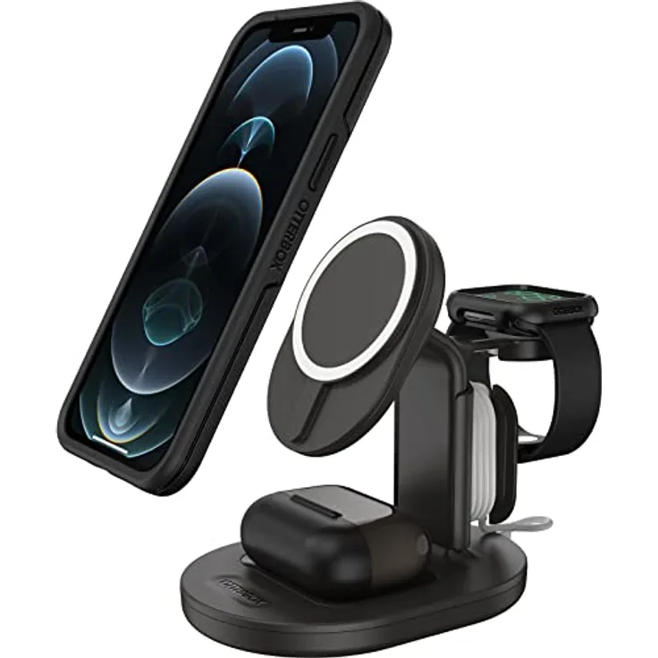 OtterBox kabellose 3 in 1 MagSafe Ladestation, Starke Magnetische Ausrichtung und Halt für MagSafe Produkte, Elegante Ladelösung für iPhone, Airpods Pro und Apple Watch, Schwarz