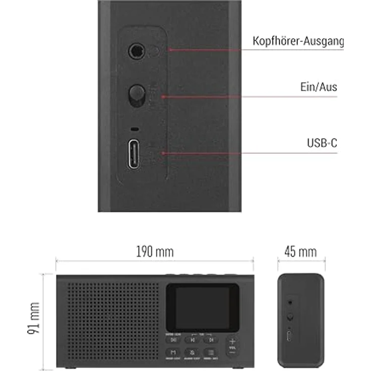 EMOS E0090 DAB+ Radio mit Bluetooth und Dual-Stromversorgung, tragbares Digitalradio mit Wecker, Sleeptimer, 40 Speicherplätzen und TFT LCD Farbdisplay, Schwarz – Bild 5