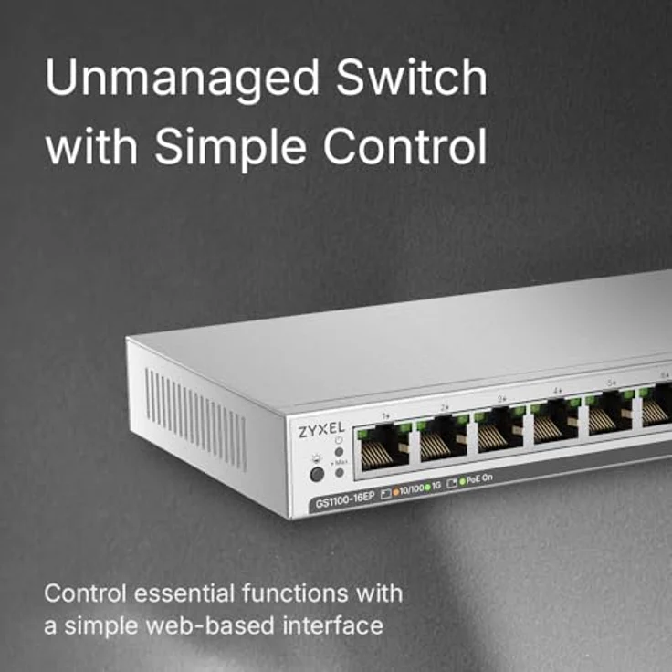 Zyxel GS1100-16EP, 16-Port Unmanaged+ Gigabit Switch mit PoE+ und 135 W Budget, lüfterloses Design – Bild 5