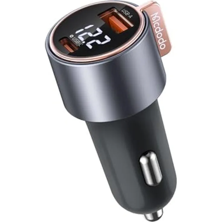 MCDODO Autoladegerät Dual Port 1x USB, 1x Typ-C Digitalanzeige, PD-Schnellladung, 75W, Schwarz