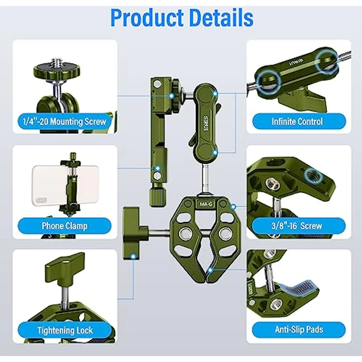 Sirui Alien Series Magic Arm mit Telefonklemme, Krabbenförmige Gelenkkamera-Klemme mit 1/4-Zoll-20-Schraube, 3/8-Zoll-16 Löcher, passend für Gopro/DSLR-Kamera/Handys, Grün (MA-G) – Bild 2