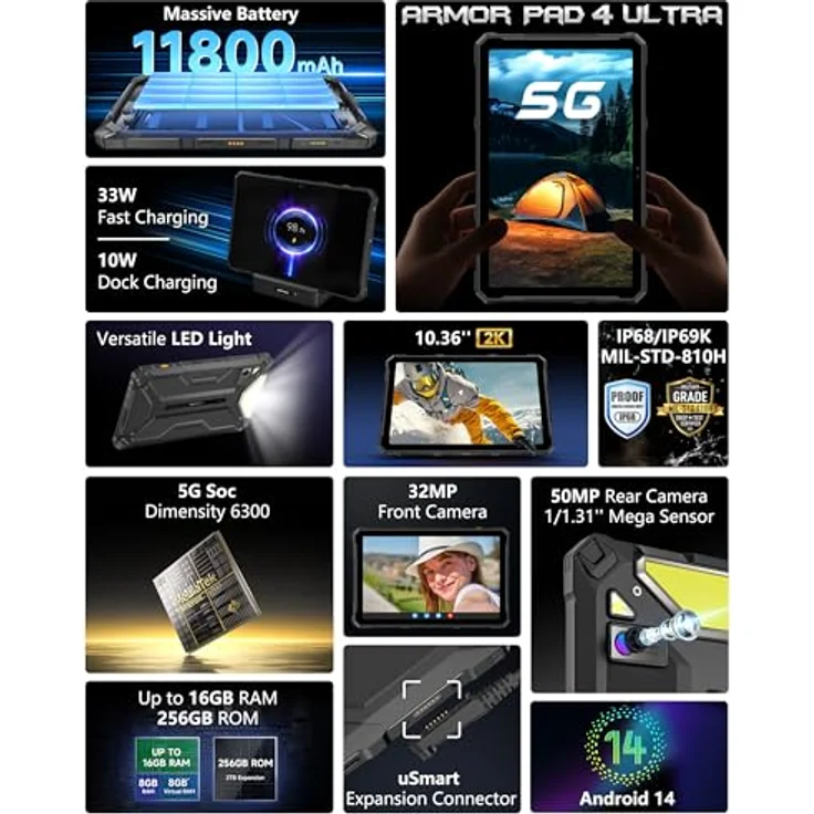 Ulefone Armor Pad 4 Ultra 5G Outdoor Tablet in Schwarz mit 10080mAh Akku, 2K FHD+ Display und 50MP+32MP Kamera – Bild 2