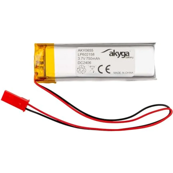 Akyga AKY0655, Lithium Polymer Akku 3.7V 750mAh mit JST 2-Polig Anschluss, PCM-Schutz und 150mm Kabel, ideal für tragbare Geräte