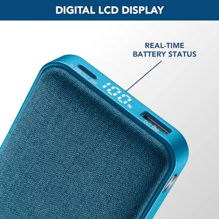 Cellularline Power Bank Glam 10000 – 10000mAh Powerbank mit LCD-Display, 3 Anschlüsse (USB-C Eingang/Ausgang 18W, USB Ausgang 18W), Stoffveredelung, für Smartphones - Blau – Bild 4