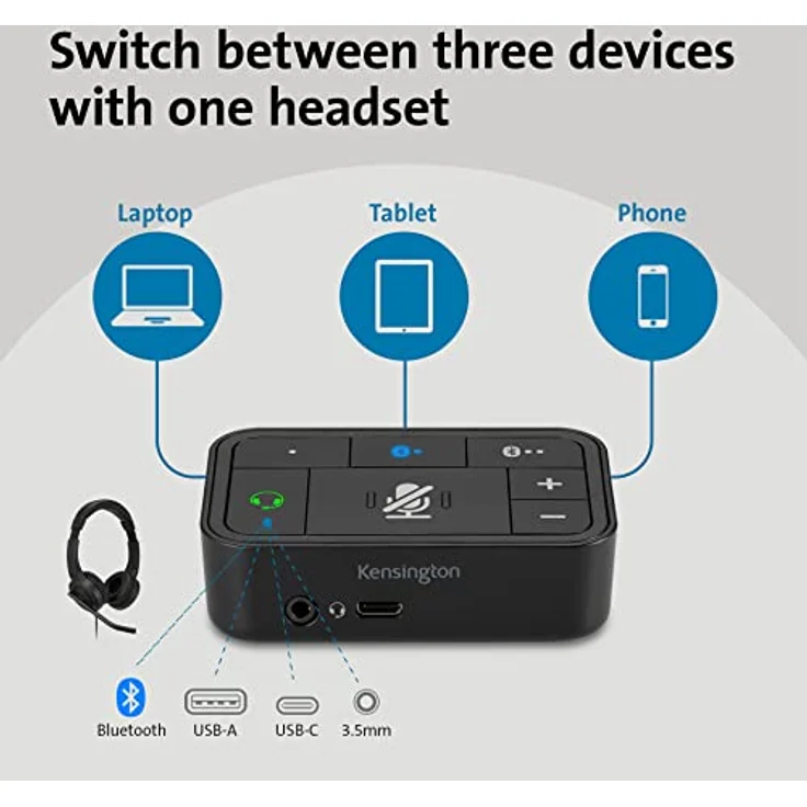 Kensington K83300WW, 3-in-1 Pro-Audio-Headset-Schalter für kabelgebundene und kabellose Headsets, kompatibel mit Microsoft Teams, Google Meet, Zoom, USB-C/USB-A/3,5 mm – Bild 2