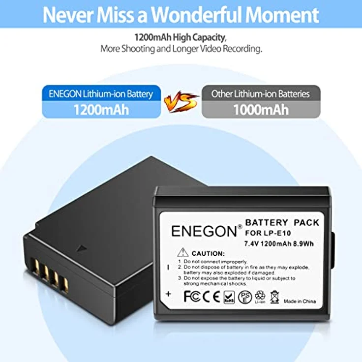ENEGON LP-E10 Akku 1200 mAh, 2er-Pack, kompatibel mit Canon EOS 1100D, 1200D, 1300D, 1500D, 2000D, 3000D, 4000D, Rebel T3, T5, T6, T7, hohes Sicherheitsniveau – Bild 2