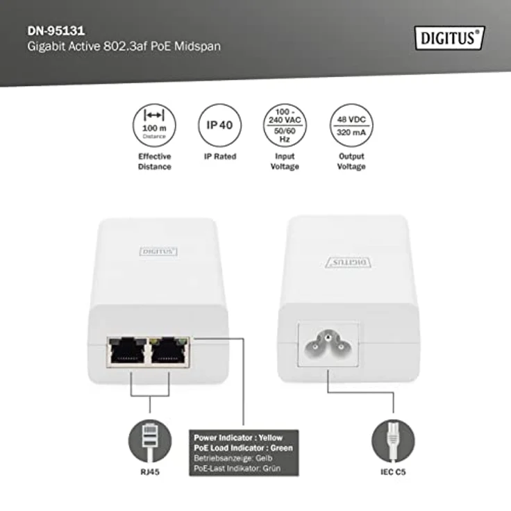 DIGITUS Gigabit Ethernet PoE Injektor, 802.3af, Weiss 802.3af, 15,4 W kleines Gehäuse, Weiss – Bild 2