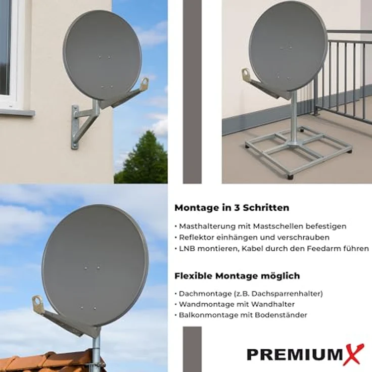 PremiumX DELUXE80 Satellitenschüssel 80 cm, Aluminium in Anthrazit, Full HD 3D 4K Ultra HD, starke Empfangsleistung, einfache Montage, flexible LNB-Kompatibilität – Bild 4