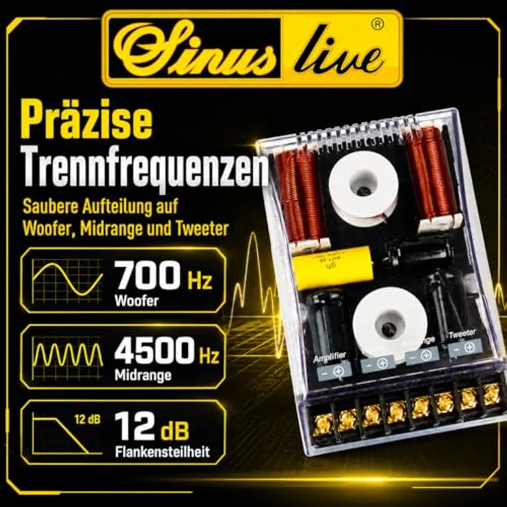 Sinuslive CR345, 3-Wege-Lautsprecher-Frequenzweiche bis 300 Watt, 4 Ohm, Übergangsfrequenzen 700/4500 Hz, kompakte Maße 128x83x38mm – Bild 5
