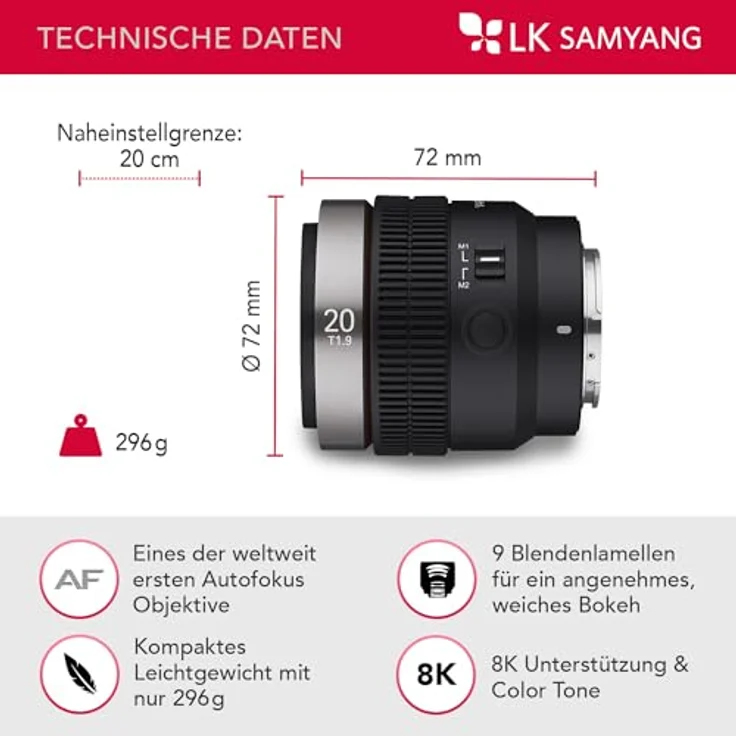 SAMYANG V-AF 20mm T1,9 FE für Sony E, Videoobjektiv, Auto Fokus Objektiv, Cine Lens 8K Unterstützung, Custom Switch und Button – Bild 2