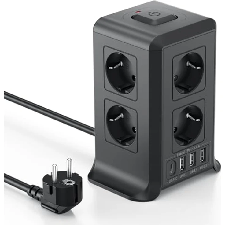 KEMELO Mehrfachsteckdose 12 IN 1, 8 Fach Steckdosenleiste mit 4 USB-A und 1 USB-C, 2M Verlängerungskabel, kompaktes Turmdesign mit Überspannungsschutz, für Zuhause und Büro – Bild 1