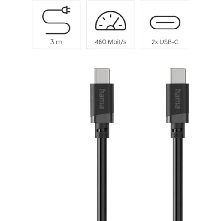 Hama USB-C auf USB-C Kabel, 3 m, 60 W, Schwarz – Bild 2